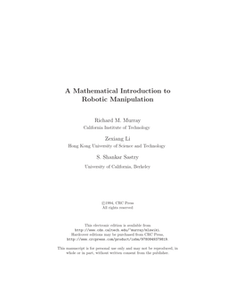 A Mathematical Introduction to Robotic Manipulation