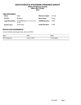 SOUTH DAKOTA STATEWIDE FISHERIES SURVEY Albert, Kingsbury County MBS-Lake-176-000 2019