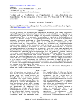 Foreign Aid As Mechanism for Perpetuation of Neo-Colonialism and Dependency: an Interrogation of Issues and Way Forward for Developing Economies