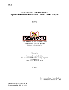 Water Quality Analysis of Metals in Upper North Branch Potomac River, Garrett County, Maryland