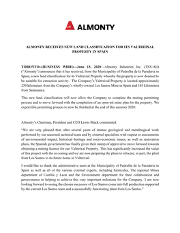 Almonty Receives New Land Classification for Its Valtreixal Property in Spain