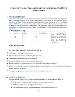 Fundamentals of Management for Engineers (Cs601oe) Course Planner