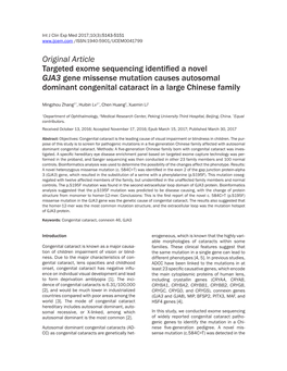 Original Article Targeted Exome Sequencing Identified a Novel GJA3 Gene Missense Mutation Causes Autosomal Dominant Congenital Cataract in a Large Chinese Family