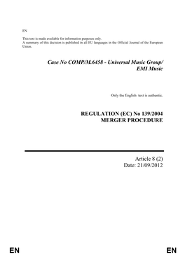 COMP/M.6458 - Universal Music Group/ EMI Music