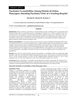 Psychiatric Co-Morbidities Among Patients of Globus Pharyngeus Attending Psychiatry Clinic of a Teaching Hospital