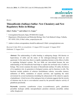 Thiosulfoxide (Sulfane) Sulfur: New Chemistry and New Regulatory Roles in Biology