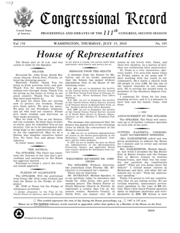 Congressional Record United States Th of America PROCEEDINGS and DEBATES of the 111 CONGRESS, SECOND SESSION