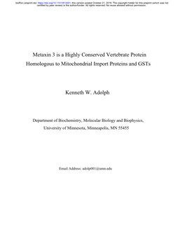 Metaxin 3 Is a Highly Conserved Vertebrate Protein Homologous to Mitochondrial Import Proteins and Gsts
