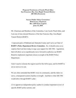 Prepared Testimony of Carole Ward Allen San Francisco Bay Area Rapid Transit District AB 1586 (Swanson)