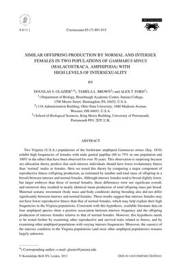 Similar Offspring Production by Normal and Intersex Females in Two Populations of Gammarus Minus (Malacostraca, Amphipoda) with High Levels of Intersexuality