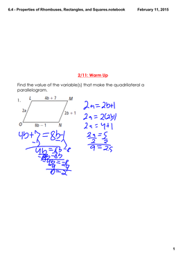 6.4 ­ Properties of Rhombuses, Rectangles, and Squares.Notebook February 11, 2015