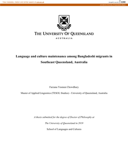 Language and Culture Maintenance Among Bangladeshi Migrants in Southeast Queensland, Australia