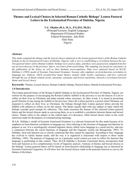 Themes and Lexical Choices in Selected Roman Catholic Bishops’ Lenten Pastoral Letters in the Ecclesiastical Province of Onitsha, Nigeria