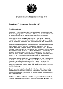 Story Island Project Annual Report 2016–17 President's Report
