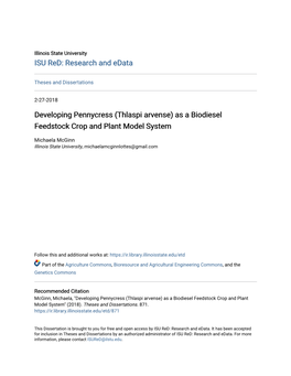 Thlaspi Arvense) As a Biodiesel Feedstock Crop and Plant Model System