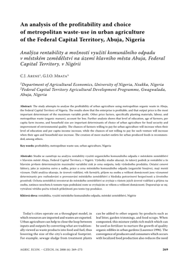 An Analysis of the Profitability and Choice of Metropolitan Waste-Use in Urban Agriculture of the Federal Capital Territory, Abuja, Nigeria