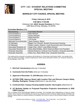 City / Uc / Student Relations Committee Special Meeting