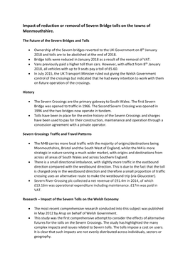 Impact of Reduction Or Removal of Severn Bridge Tolls on the Towns of Monmouthshire