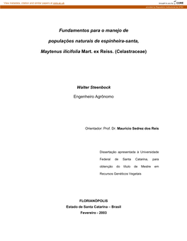 Fundamentos Para O Manejo De Populações Naturais De Espinheira-Santa, Maytenus