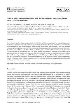 Zootaxa: Salticid Spider Phylogeny Revisited, with the Discovery of A