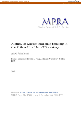 A Study of Muslim Economic Thinking in the 11Th A.H. / 17Th C.E. Century
