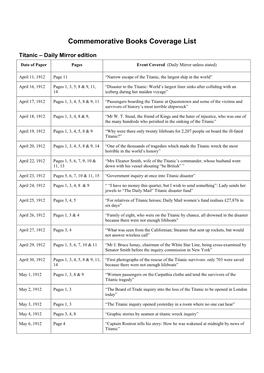 Titanic – Daily Mirror Edition Date of Paper Pages Event Covered (Daily Mirror Unless Stated)