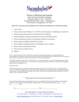 Parks & Recreation Advisory Board Agenda