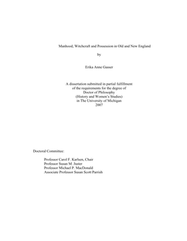 Manhood, Witchcraft and Possession in Old and New England by Erika