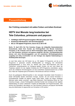 HDTV Drei Monate Lang Kostenlos Bei Tele Columbus, Primacom Und Pepcom