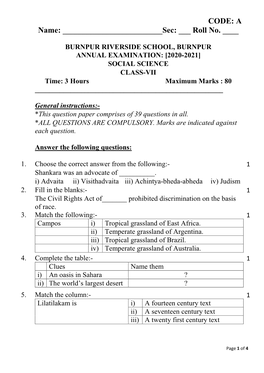 Question Paper Social Science Class-7