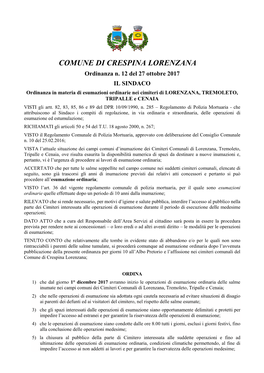 Esumazioni Ordinarie Nei Cimiteri Di LORENZANA, TREMOLETO, TRIPALLE E CENAIA VISTI Gli Artt