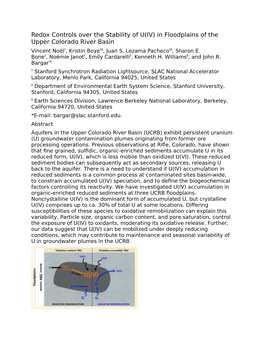 Redox Controls Over the Stability of U(IV) in Floodplains of the Upper Colorado River Basin Vincent Noël†, Kristin Boye†‡, Juan S