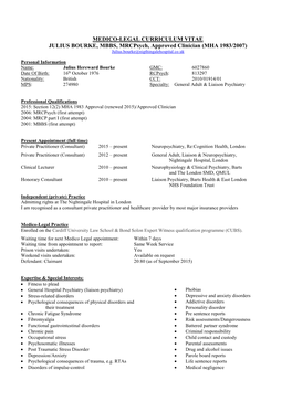 MEDICO-LEGAL CURRICULUM VITAE JULIUS BOURKE, MBBS, Mrcpsych, Approved Clinician (MHA 1983/2007) Julius.Bourke@Nigthingalehospital.Co.Uk