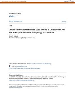 Cellular Politics: Ernest Everett Just, Richard B. Goldschmidt, and the Attempt to Reconcile Embryology and Genetics