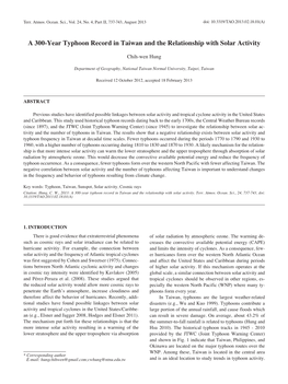 A 300-Year Typhoon Record in Taiwan and the Relationship with Solar Activity