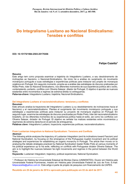 Do Integralismo Lusitano Ao Nacional Sindicalismo: Tensões E Conflitos