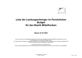 Anbieterliste Für Persönliches Budget (Stand: 01.07.2021)