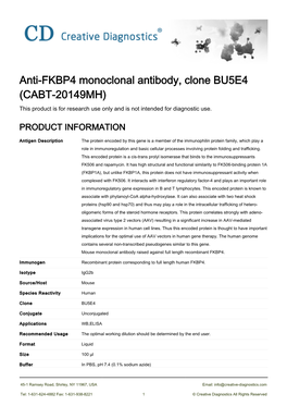 Anti-FKBP4 Monoclonal Antibody, Clone BU5E4 (CABT-20149MH) This Product Is for Research Use Only and Is Not Intended for Diagnostic Use