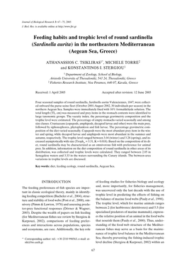 Feeding Habits and Trophic Level of Round Sardinella (Sardinella Aurita) in the Northeastern Mediterranean (Aegean Sea, Greece)