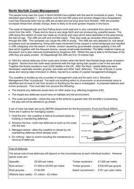 North Norfolk Coast Management the People Living Near the Coast in North Norfolk Have Battled with the Sea for Hundreds of Years