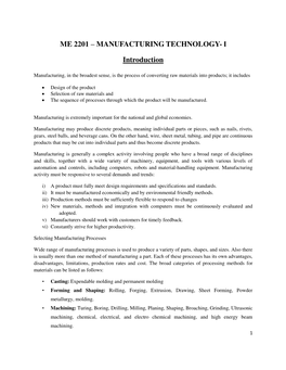 MANUFACTURING TECHNOLOGY- I Introduction