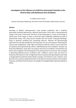 Investigation of the Influence of a Field-Free Electrostatic Potential on the Electron Mass with Barkhausen-Kurz Oscillation