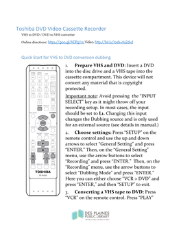 Toshiba DVD Video Cassette Recorder VHS to DVD / DVD to VHS Converter