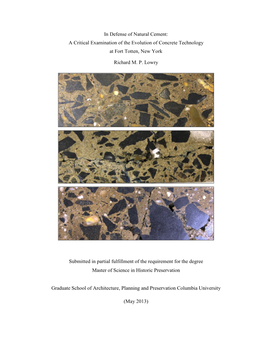 In Defense of Natural Cement: a Critical Examination of the Evolution of Concrete Technology at Fort Totten, New York Richard