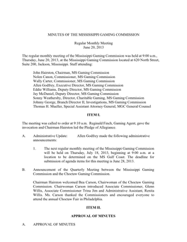 MINUTES of the MISSISSIPPI GAMING COMMISSION Regular