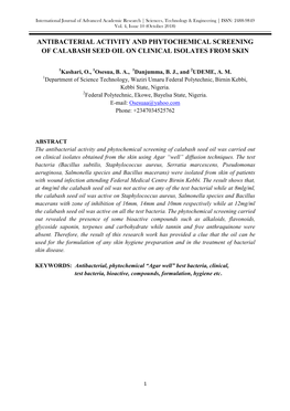 Antibacterial Activity and Phytochemical Screening of Calabash Seed Oil on Clinical Isolates from Skin