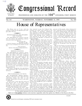 Congressional Record United States Th of America PROCEEDINGS and DEBATES of the 104 CONGRESS, FIRST SESSION