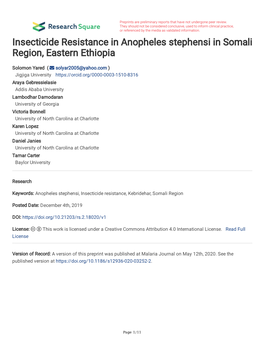 Insecticide Resistance in Anopheles Stephensi in Somali Region, Eastern Ethiopia