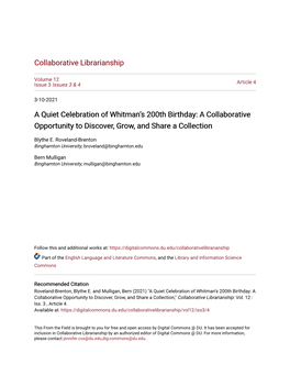 A Quiet Celebration of Whitman's 200Th Birthday: a Collaborative