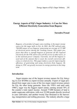 Energy Aspects of Fiji's Sugar Industry